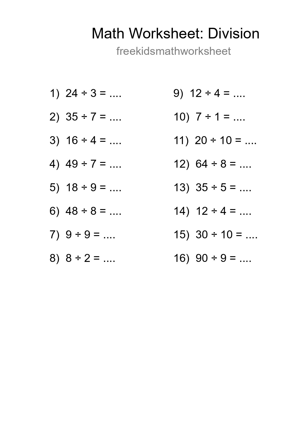 Printable Free 16 Division Math Worksheet For Grade 1 - Part 59