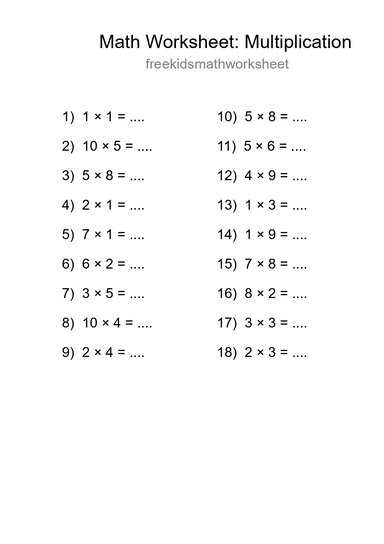 Printable Free 18 Multiplication Math Worksheet For Grade 1 - Part 282