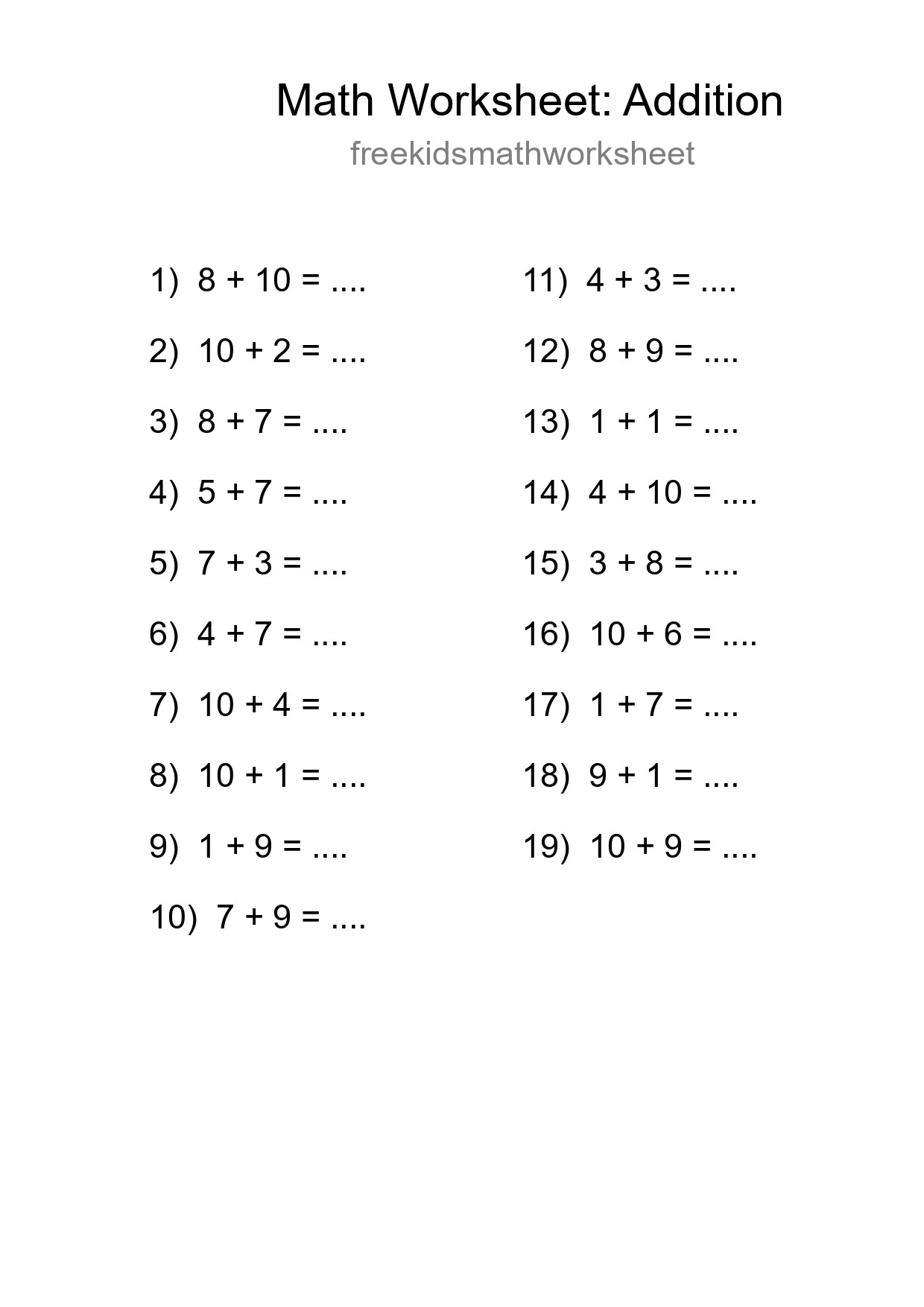 Printable Free 19 Addition Math Worksheet For Grade 1 - Part 276