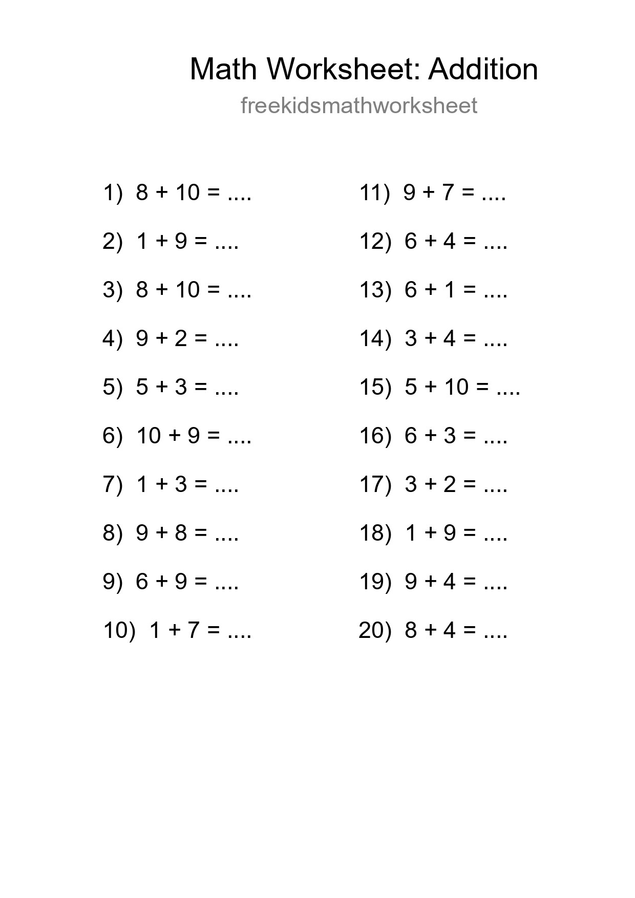 Printable Free 20 Addition Math Worksheet For Grade 1 - Part 133
