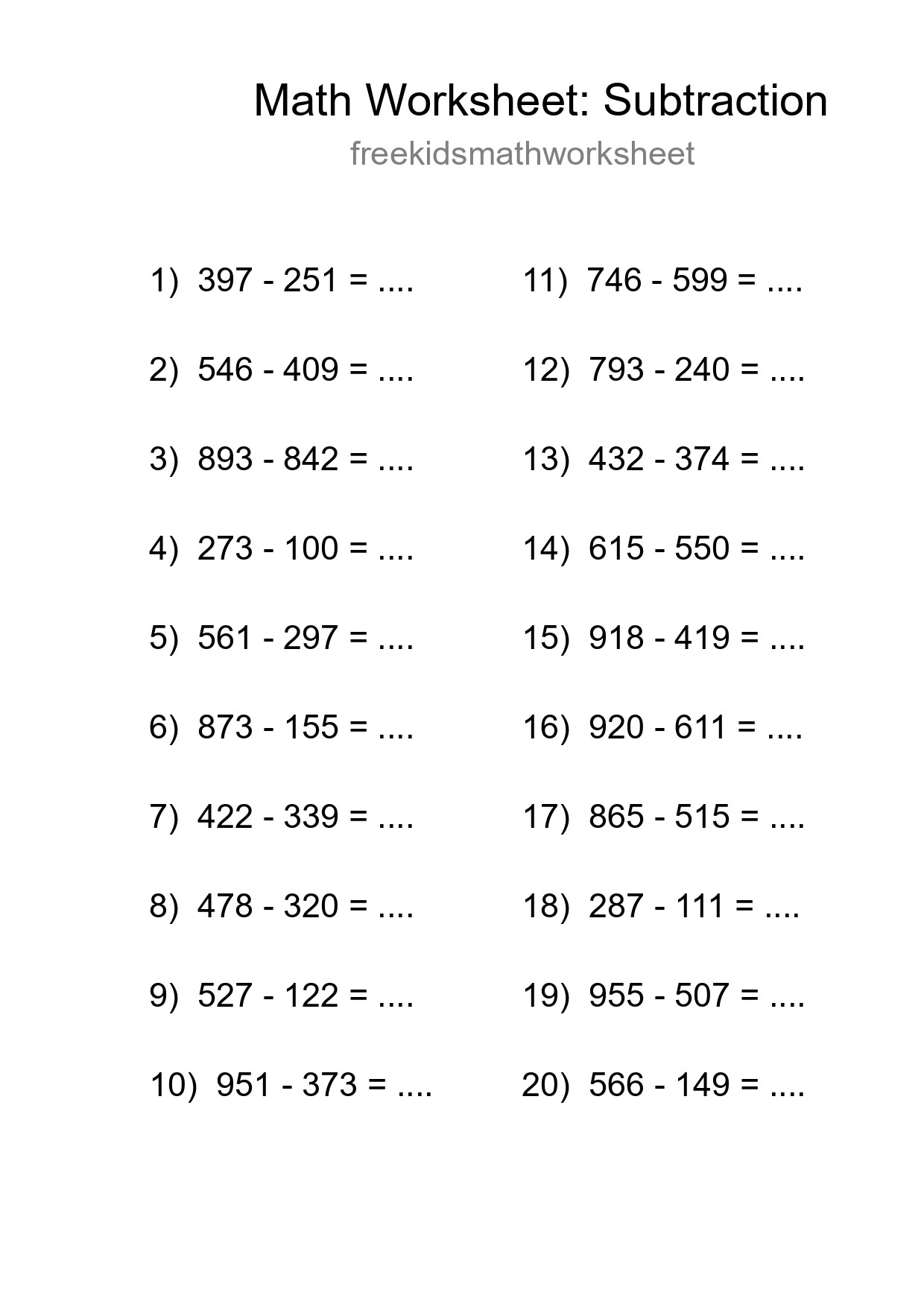 Printable Free 20 Subtraction Math Worksheet For Grade 5 - Part 118