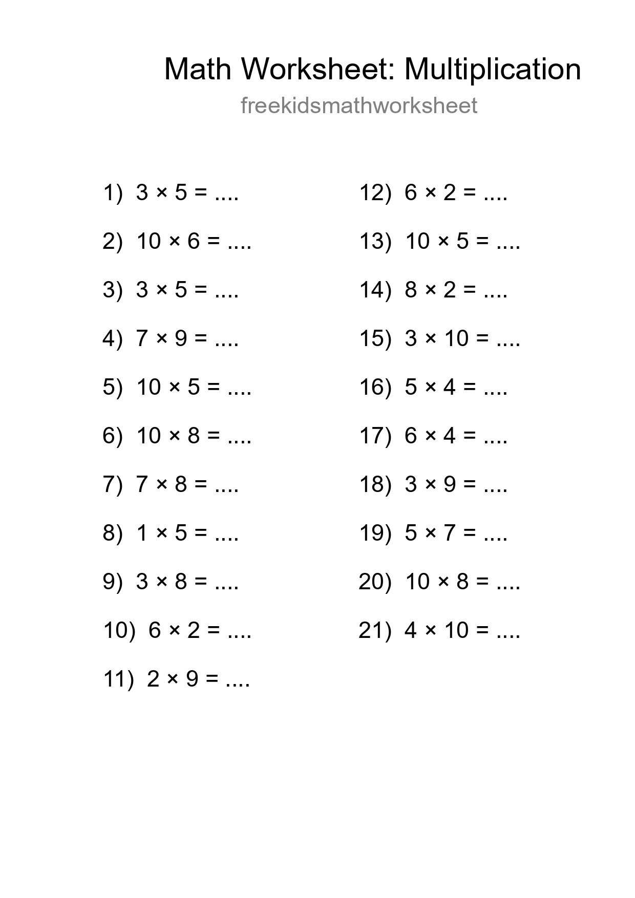 Printable Free 21 Multiplication Math Worksheet For Grade 1 - Part 194