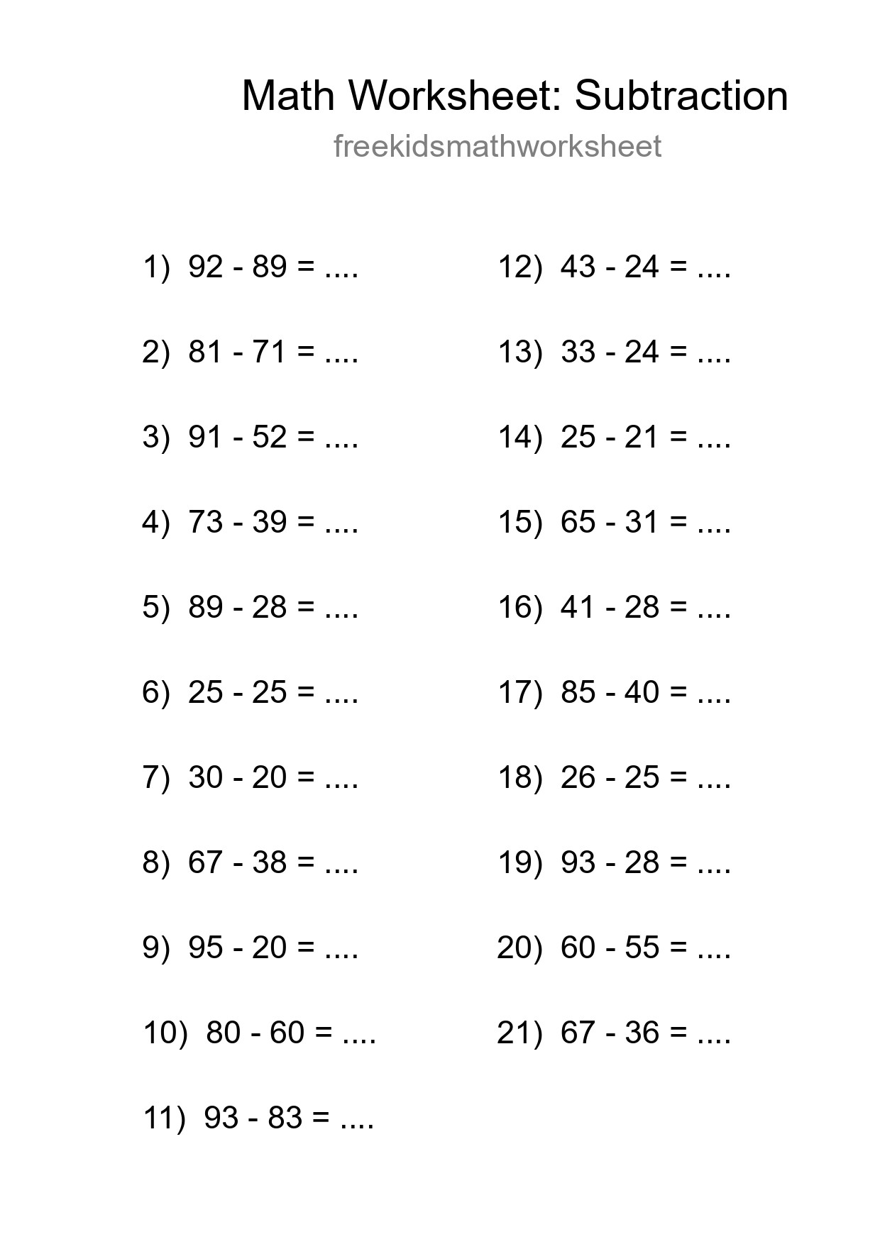 Printable Free 21 Subtraction Math Worksheet For Grade 3 - Part 129