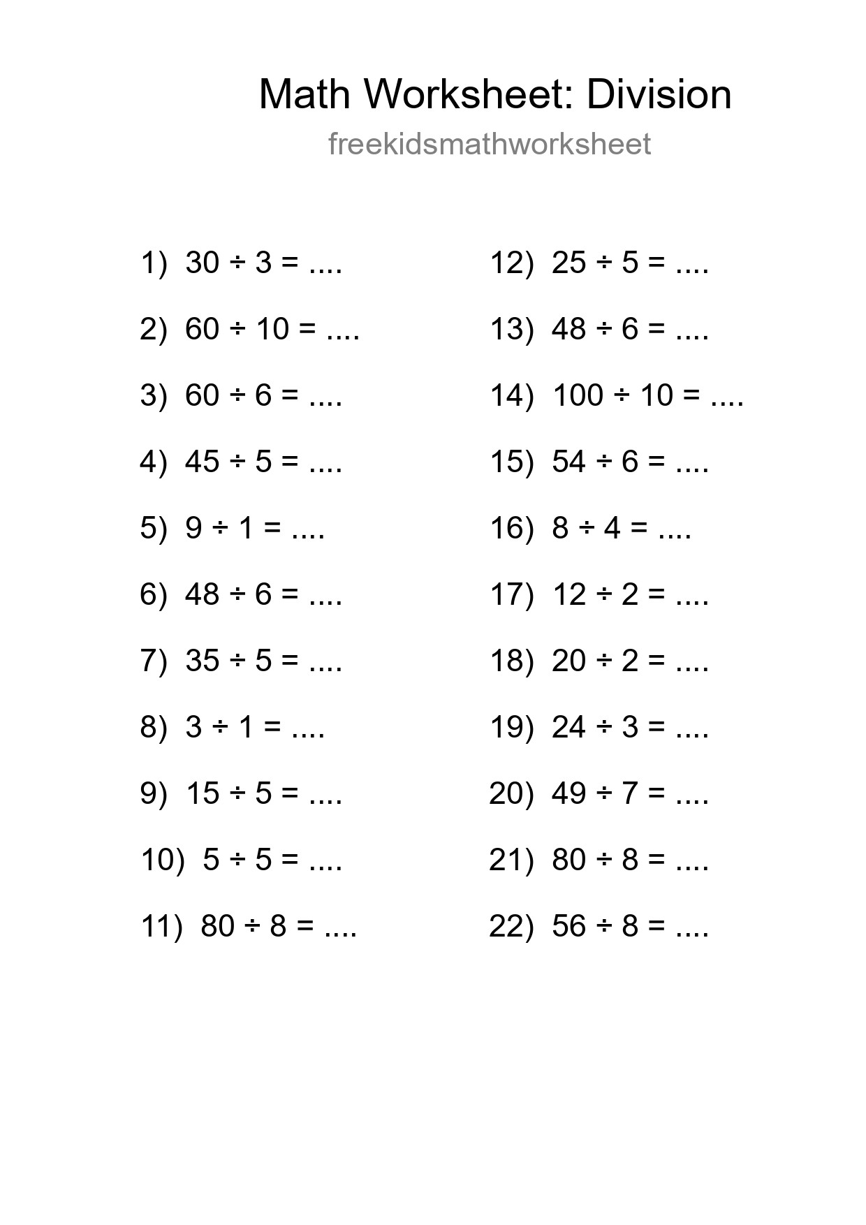 Printable Free 22 Division Math Worksheet For Grade 1 - Part 37