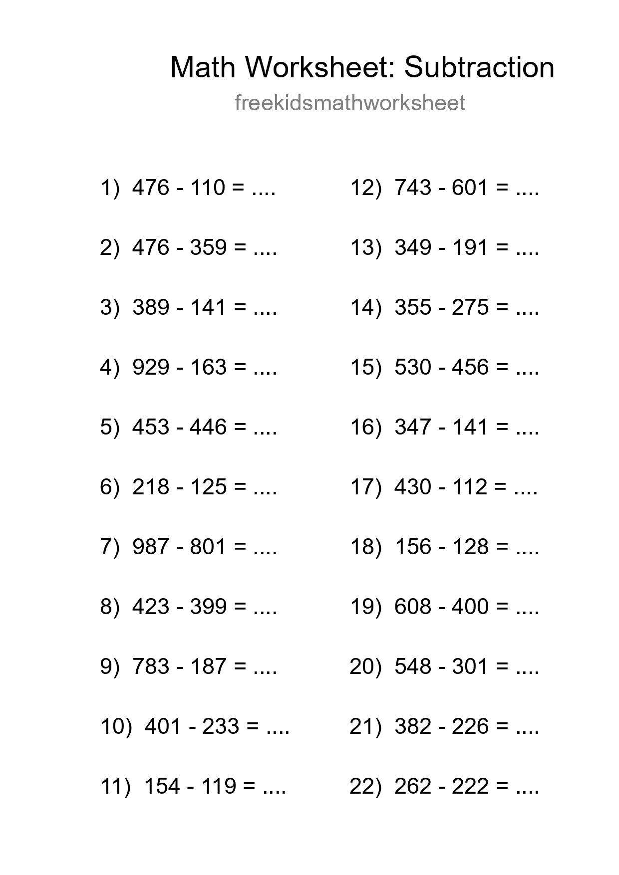 Printable Free 22 Subtraction Math Worksheet For Grade 5 - Part 206